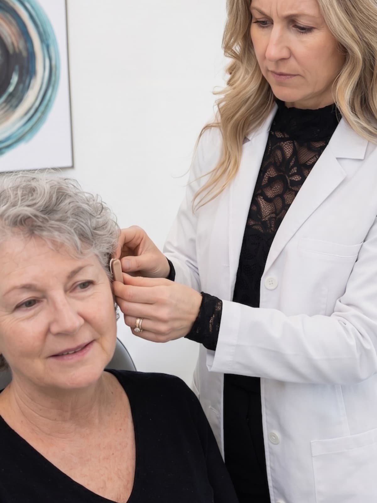 Audioprothésiste ajustant un appareil auditif à l'oreille d'une patiente