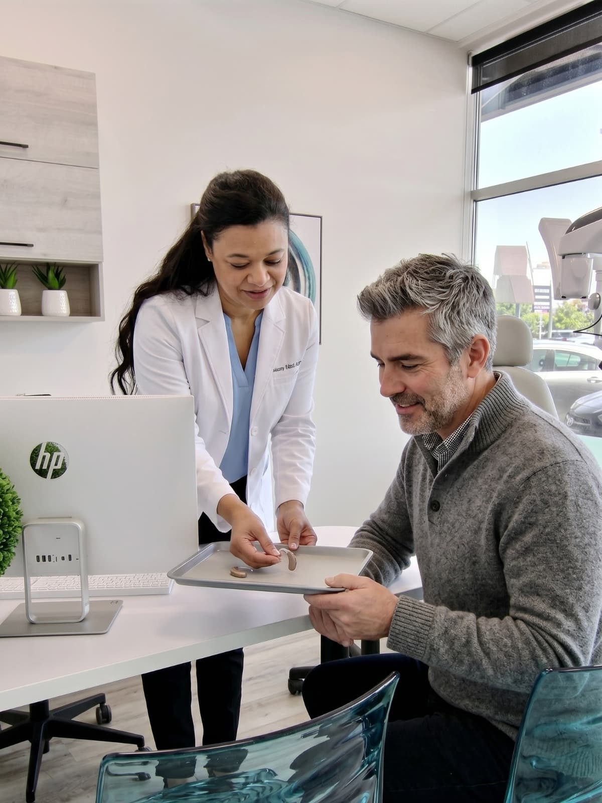 Audioprothésiste présentant des appareils auditifs à un patient en clinique