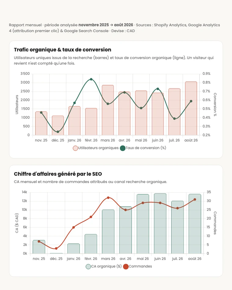 Graphiques d'évolution du trafic et du chiffre d'affaires SEO sur douze mois